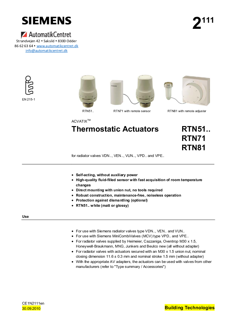 

Thermostatic actuators RTN.. en


