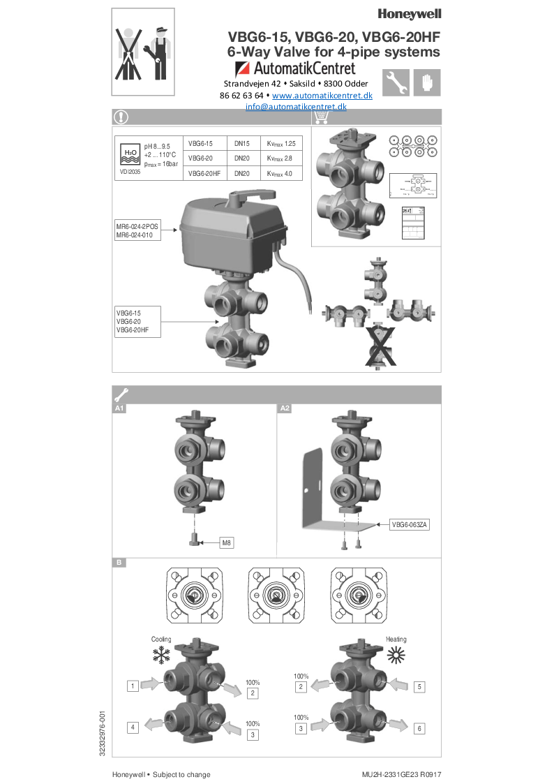 

VBG6 15, VBG6 20, VBG6 20HF 6 vejs ventil og motor installationsvejledning

