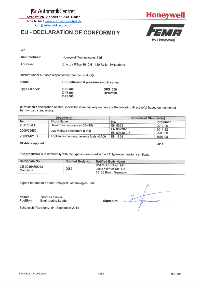 

DPS Overenstemmelseserklæring EN

