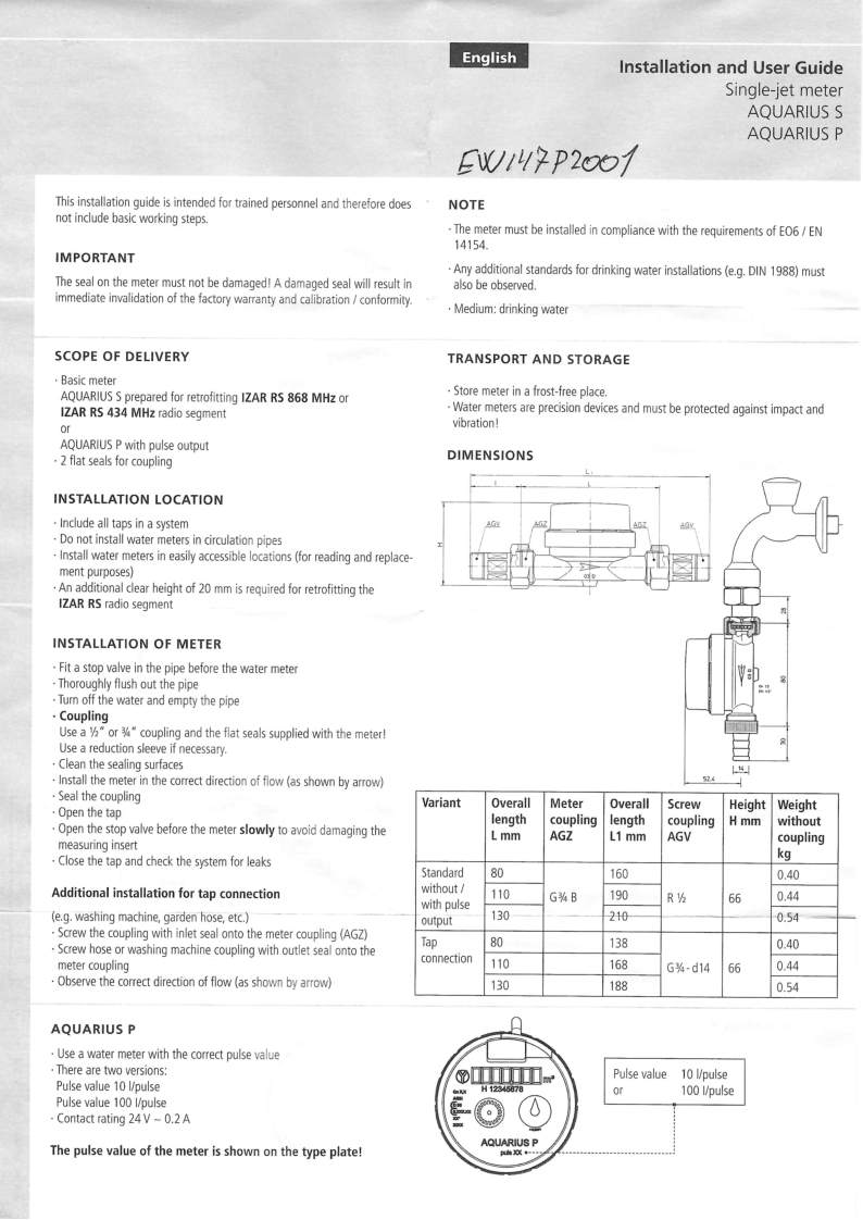 

EW147P2001 installation user guide

