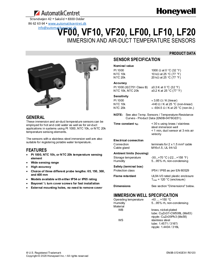 

Honeywell VF00, VF10, VF20, LF00, LF10, LF20

