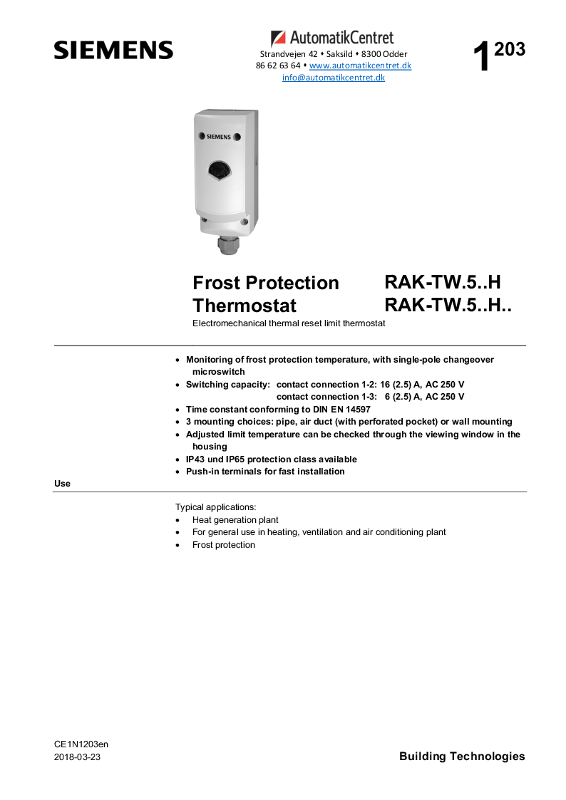 

RAK TW.5000S H Frosttermostat påspænding


