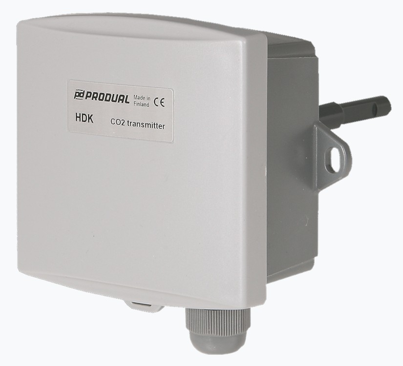 CO2-kanaltransmitter, 24 Vac/dc, < 2 VA, 0...2000 ppm, 0...50 °C, 0...10 Vdc, 2 mA, IP54 | HDK
