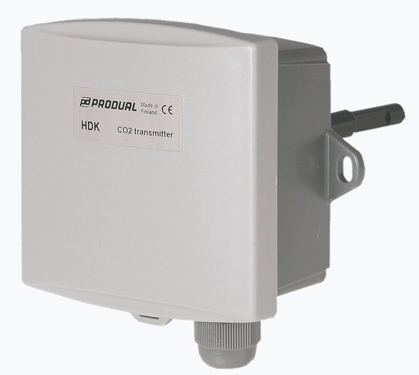 CO2-kanaltransmitter, 24 Vac/dc, < 2 VA, 0...10000 ppm, 0...50 °C, 0...10 Vdc, 2 mA, IP54 | HDK10K