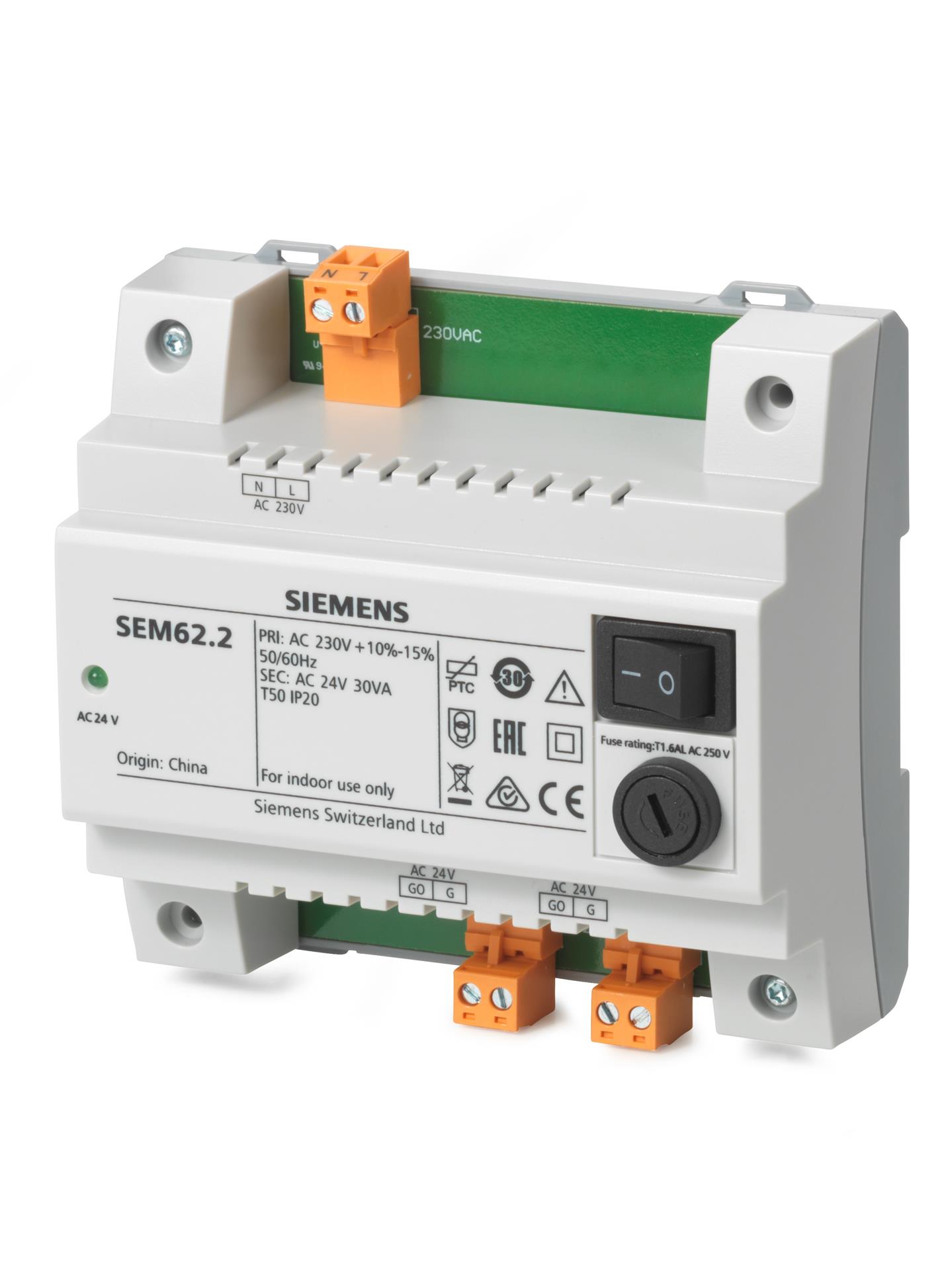 Transformer AC 230/24 V, DIN-skinne, IP20, 2x AC 24 V udgange, maks. 30 VA, med tænd/sluk-knap og udskiftelig 1,6 A sikring | SEM62.2
